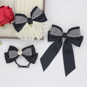 French Vintage Houndstooth Ribbon Bow Hair Clip For Women Satin Lace Artificial Pearl Sweet Hair Accessories Elegant Headwear Gift
