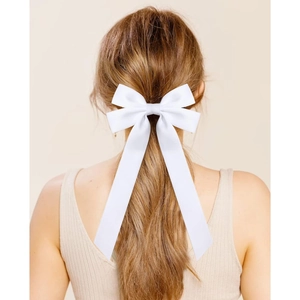 Elegant white satin ribbon bow hair clip for girls with long streamers in ballet style