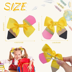 Pencil-themed grosgrain ribbon bow hair clip set with alligator clips for school girls