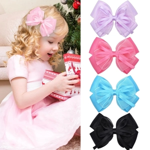 Solid Color Double Layer Organza Grosgrain Ribbon Bow Hair Clips Children Alligator Clips Handmade Headwear Accessories