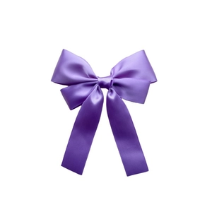 Elegant purple satin ribbon bow hair clip with long tails and silky finish on white background