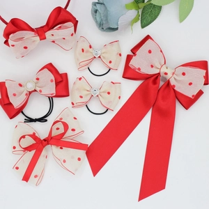 Sweet Red Polka Dot Gauze Bow Hair Accessories Set For Girls Satin Bow Hair Clip Headband Hair Ties With Rhinestone Heart Artificial Pearl