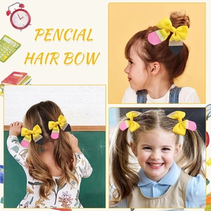 Creative pencil hair bow for girls with ribbed yellow ribbon for back to school outfits