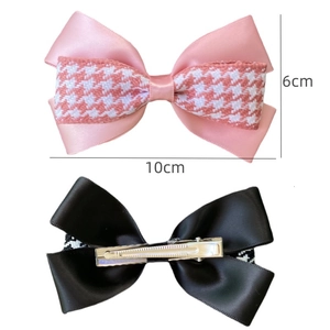Double-layer houndstooth and satin bow hair clip with silver metal alligator grip