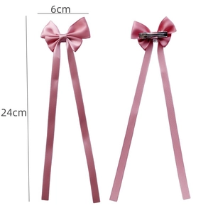 Pink satin ribbon bow hair clip with silver metal alligator grip, 6x24cm size