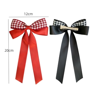 Houndstooth bow hair clips with long satin ribbons in red and black set for girls