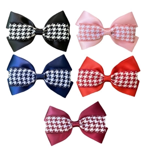 Five-piece set of double-layered houndstooth and satin bow hair clips for girls