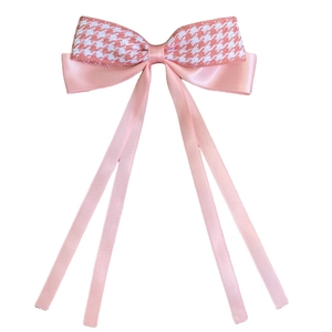 Pink houndstooth bow hair clip with long satin ribbons for girls and women