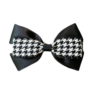Classic double-layered houndstooth and black satin bow hair clip for girls
