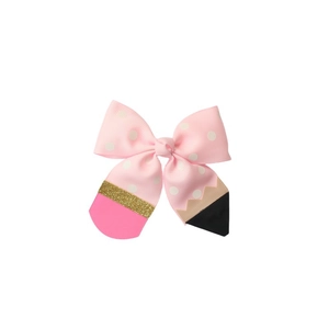 Pink polka dot grosgrain ribbon bow hair clip with creative pencil tip and glitter pencil design