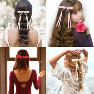 Elegant ballet-style ribbon bow hair clips in four colors for girls' ponytail styling