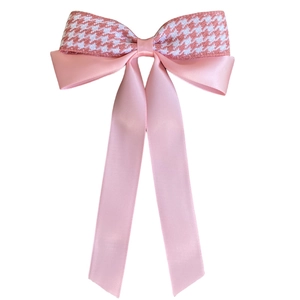 Pink houndstooth bow hair clip with satin ribbon tassels for girls' princess hairstyles