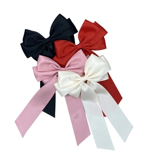 Set of four 14cm large satin hair bows with long ribbons in black, red, pink, and beige
