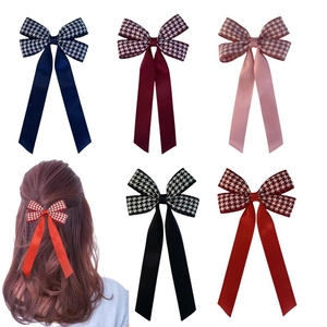 Vintage Houndstooth Ribbon Bow Hair Clip French Style Satin Streamer Hair Accessory Elegant Party Headpiece For Women Girls