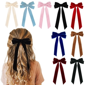 Velvet long ribbon bow hair clips in nine colors for girls ballet style accessories