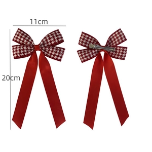 Red houndstooth bow hair clip with satin ribbons and metal duckbill clip for girls