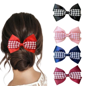 Vintage Double Layer Houndstooth Bow Hair Clip Satin Ribbon Handmade Elegant Hair Accessory For Women Girls Daily Headwear