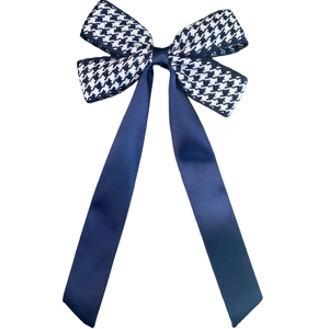 Elegant houndstooth and satin ribbon bow hair clip for girls, stylish navy hair accessory