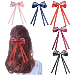 Elegant Houndstooth Ribbon Bow Hair Clip For Women Long Streamer Satin Handmade Sweet French Retro Fashion Hair Accessories