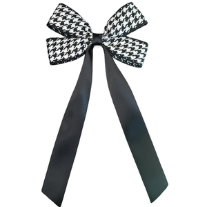 Classic houndstooth and black satin ribbon bow hair clip with long streamers for girls