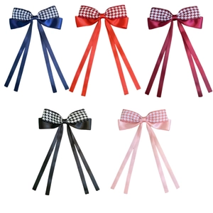 Houndstooth bow hair clips with long satin ribbons in five classic colors for girls