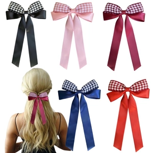 Vintage Houndstooth Bow Hair Clip For Women Girls Elegant Satin Ribbon Long Streamer Hairpin Princess Sweet Hair Accessories
