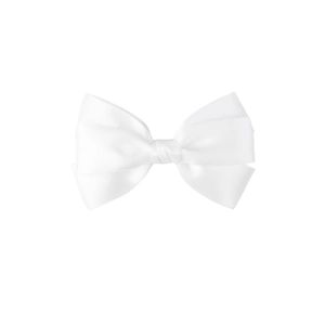 Close-up of white satin bow hair clip showing silk texture and layered elegant design