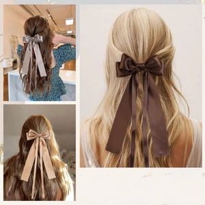 Elegante fermaglio per capelli in raso con lunghi nastri in marrone, grigio e oro