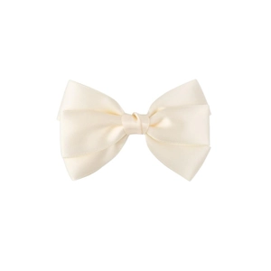 Detailed close-up of a double-layered ivory satin ribbon bow hair clip for girls