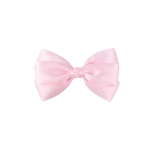Close-up of pink satin double-layered bow hair clip with smooth silky texture and center knot