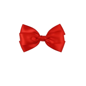 Detailed view of a red satin double-layered bow hair clip with smooth silky texture