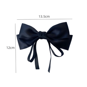 Elegant navy blue satin bow hair clip with long ribbons, 13.5cm wide forest style accessory