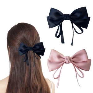 Elegant Satin Double Layer Bow Hair Clip With Long Ribbon Tassel Solid Color French Style Hair Accessory For Women Girls