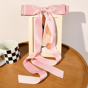 Détail d'une barrette à long ruban en satin rose posée sur un cadre en bois naturel