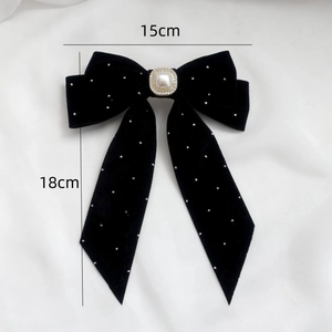 Large black velvet hair bow with polka dots, faux pearl and rhinestones, 15cm x 18cm clip