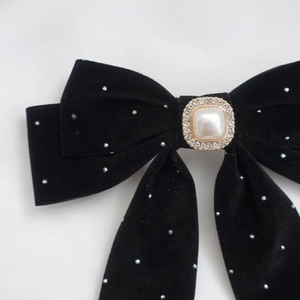 Elegant black velvet bow hair clip with faux pearl and crystal rhinestones and long ribbons