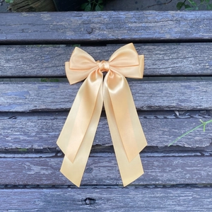 Détail d'une barrette en satin champagne élégante avec texture en soie et longs rubans soyeux