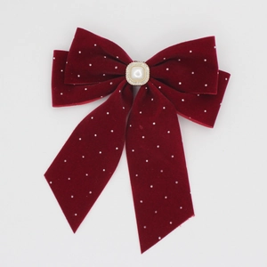 Velvet bow hair clip in deep red with faux pearl and rhinestone center decoration