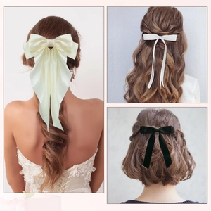 Set of 6 minimalist satin ribbon bow hair clips in cream white and black for women