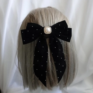 Velvet Bow Hair Clip With Faux Artificial Pearl And Rhinestone Long Ribbon Sweet Vintage Hair Accessory For Women Party Daily Use