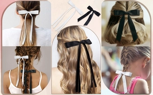 Detail view of long satin ribbon bow hair clips in black and white on various hairstyles