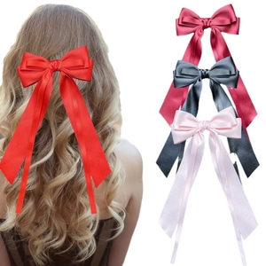 Elegant satin ribbon bow hair clip with long streamers in multiple colors for women