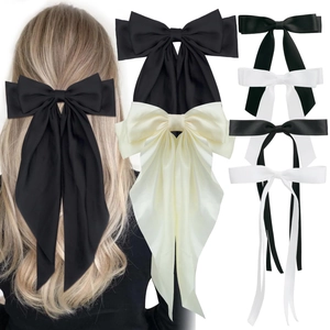 Satin Bow Hair Clips Set With Long Ribbons Solid Black Off-white Handmade Elegant Hair Accessories For Women Girls Wedding Party