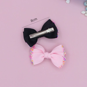 Pair of 8cm grosgrain ribbon bow hair clips with colorful beads for kids
