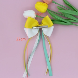 Three-color ribbed ribbon bow hair clip with 22cm long streamers for women and girls