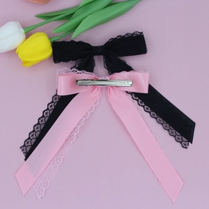 Sweet lace layered bow hair clips with long ribbons in pink satin and black lace