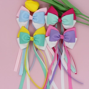 Sweet Ribbon Bow Hair Clips With Long Streamers Three-Color Splicing Alligator Clips For Kids Girls Hair Accessories