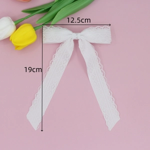 White lace bow hair clip with long ribbons and floral embroidery, 12.5cm by 19cm