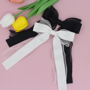 Barrettes à cheveux élégantes avec double nœud en résille noir et blanc et ruban satin
