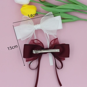 Elegant double-layered mesh bow hair clips in white and burgundy with long ribbons